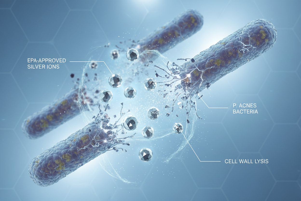 EPA-approved silver ions penetrate and destroy acne-causing bacteria